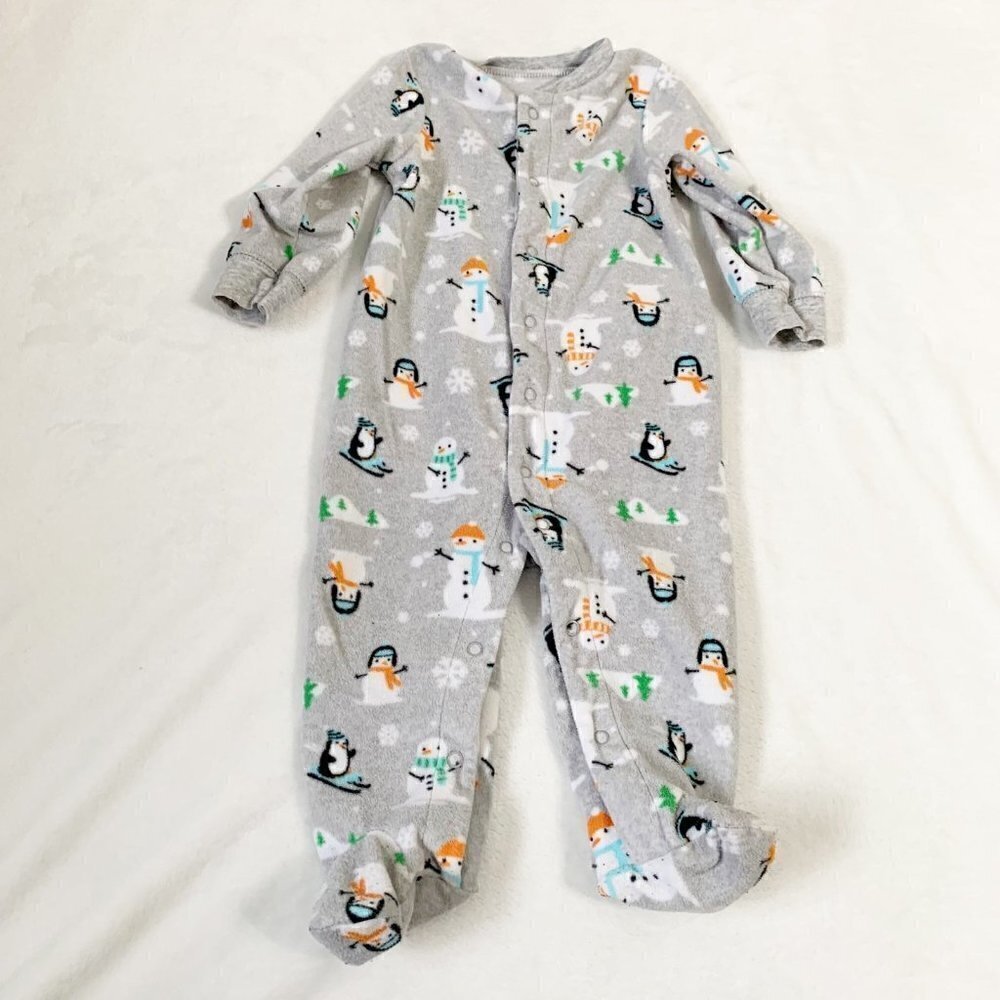 5/$25 Carter's 9M Gray Fleece Footed Pajamas Snowman Penguin‎ Snap Up Sleeper